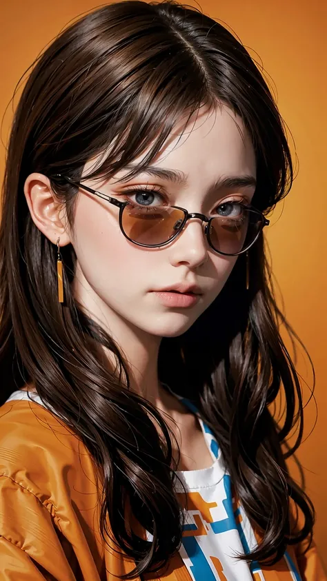 Brown hair, Brown eyes, A girl wearing trendy orange sunglasses , Orange background, portrait