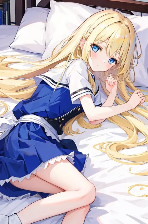 A girl with big ，Alice漫游仙境，fairy tales，((Alice))，Light blond long hair，Blue Eyes，Well-behaved and cute，Lying in bed，