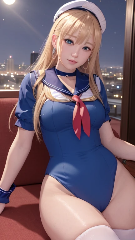 masterpiece, best quality, realistic, detailed face, cinematic lighting,
seductive face, shiny eyes, jewelry, long eyelashes,
shiny skin, thigh gap,
seductive sitting, looking at camera,
night city,
saratoga, sailorsuit, (pureerosface_v1:0.5)