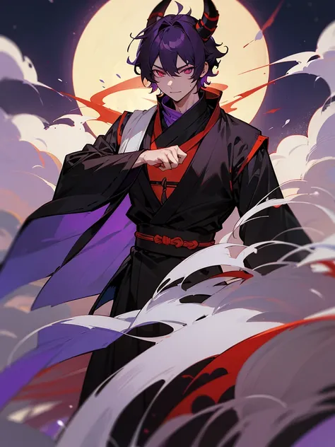 Rakshasa, Burning eyes, Horn, White short curly hair, Black Ninja Outfit、torii, male, full moon,  Purple neckband