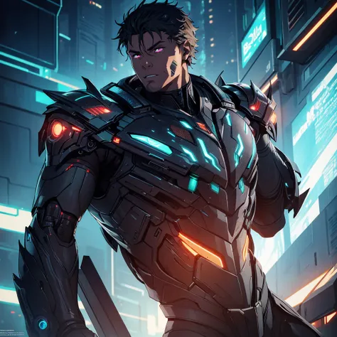 a muscular man in a futuristic sci-fi setting, detailed facial features, intricate cyborg armor, glowing neon lights, dramatic c...