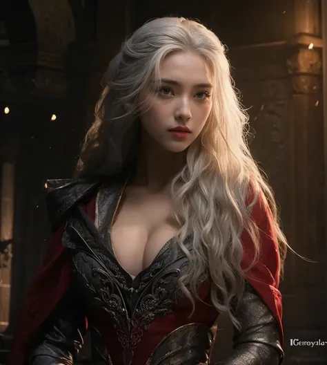 Golden silver hair, Pale skin, large eyes, full lips, Targaryen, cleavage and big breasts