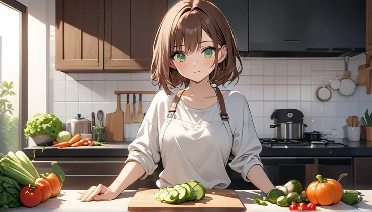 Brown-haired girl、green eyes、Calm Afternoon - Very detailed、masterpiece, Highest quality, Bright - With a bright kitchen as the background、Relaxed facial expression、Casual clothing、chopping vegetables on the chopping board、(Detailed fingers), (Emotional), ...