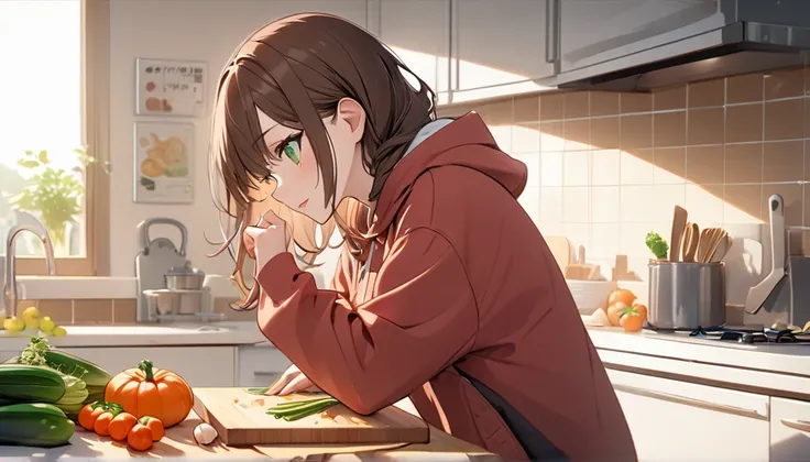 Brown-haired girl、green eyes、Calm Afternoon - Very detailed、masterpiece, Highest quality, Bright - With a bright kitchen as the background、Relaxed facial expression、Casual clothing、wearing hoodie、chopping vegetables on the chopping board、(side view), (Deta...