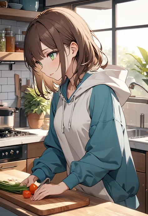 Brown-haired girl、green eyes、Calm Afternoon - Very detailed、masterpiece, Highest quality, Bright - With a bright kitchen as the background、Relaxed facial expression、Casual clothing、wearing hoodie、chopping vegetables on the chopping board、(side view), (Deta...