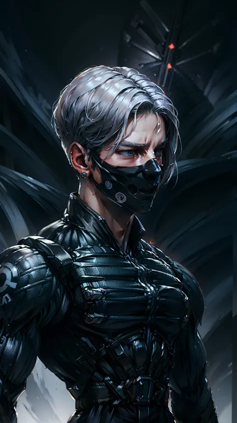 {Best Quality, 8k, Masterpiece}, (Realistic), [[Male]], [[White Hair]], ((Middle Part Haircut)), (Earrings), (Mask)