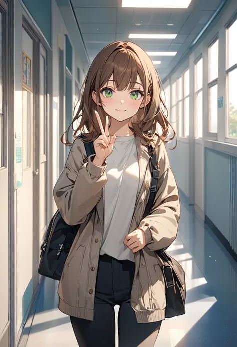 Brown-haired girl、、green eyes、Calm Afternoon - Very detailed、masterpiece, Highest quality, Bright - With a bright school hallway in the background、Relaxed facial expression、one hand making a peace sign、(Detailed fingers), (Emotional), (Breathtakingly beaut...