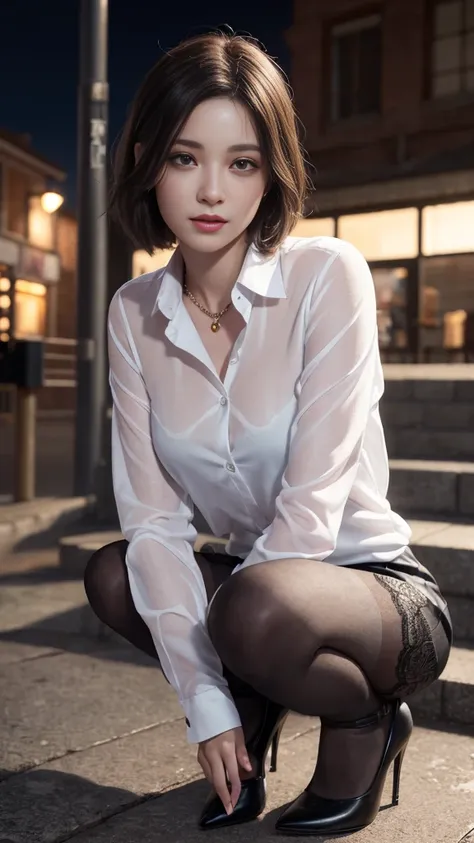 8K RAW Photos、High resolution、17 year old daughter、layered hair、Formal shirts、formal skirt、smile、long eyelashes、beautiful double eyelids、eye shadow、beautiful and thin legs、(super realistic pantyhose:1.3)、short hair、In front of the station at night、stairs a...