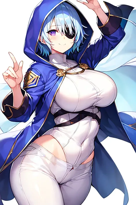 1girl, large breasts, light blue hair, purple eyes, one eye covered, eyepatch, ((eyepatch)), short hair, smile, light smile, cloak, white cloak, white hood, belt, white pants, white clothes, hood up, pants, ((pants)), hourglass figure,