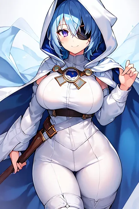 1girl, large breasts, light blue hair, purple eyes, one eye covered, eyepatch, ((eyepatch)), short hair, smile, light smile, cloak, white cloak, white hood, belt, white pants, white clothes, hood up, pants, ((pants)), hourglass figure,