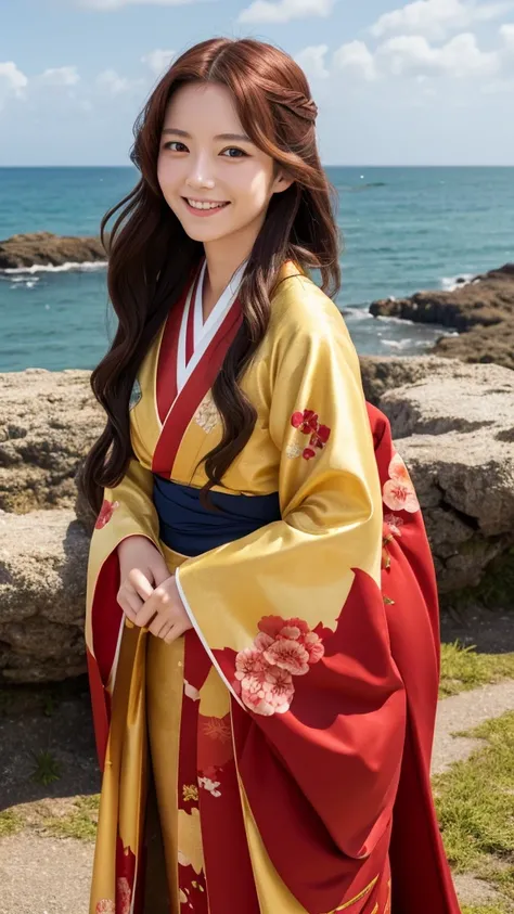 A woman wearing a kimono　Red long hair　Golden Eyes　Smiling　Ghibli style　The background is the seaside　