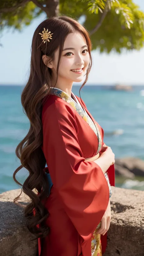 A woman wearing a kimono　Red long hair　Golden Eyes　Smiling　Ghibli style　The background is the seaside　