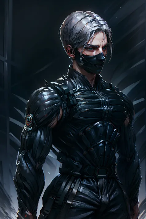 {Best Quality, 8k, Masterpiece}, (Realistic), [[Male]], [[White Hair]], ((Middle Part Haircut)), (Earrings), (Mask)