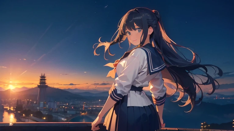 Long Hairで歩く女の子,Rear view,In heaven、In town、Sunset、Slope、(Highly detailed CG Unity 8K wallpapers, Highest quality, Very detailed, High resolution, masterpiece, Realistic, photoRealistic:1.5), (Cute Japanese Girl), Very detailed顔, Face Focus, Beautiful atte...