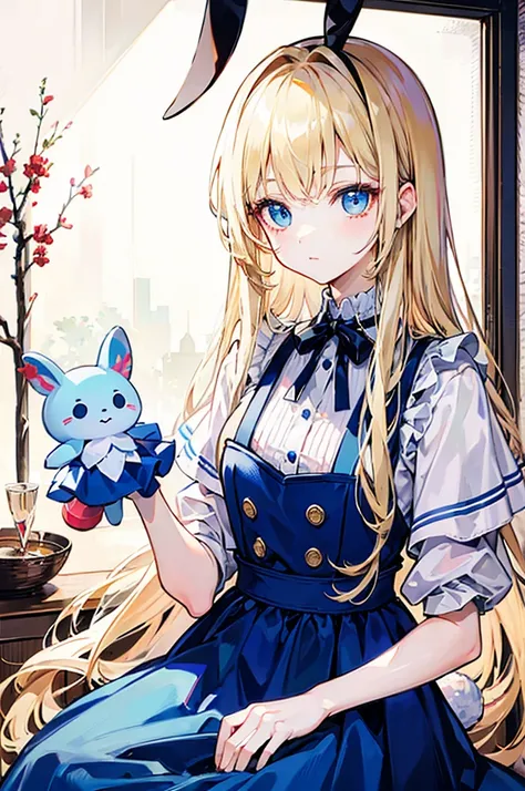 Alice漫游仙境，fairy tales，((Alice))，Light blond long hair，Blue Eyes，Well-behaved and cute，Rabbit Doll，