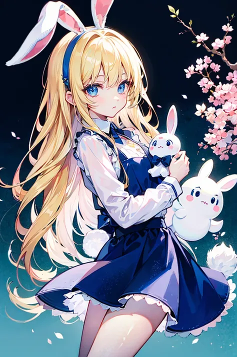 Alice漫游仙境，fairy tales，((Alice))，Light blond long hair，Blue Eyes，Well-behaved and cute，Rabbit Doll，