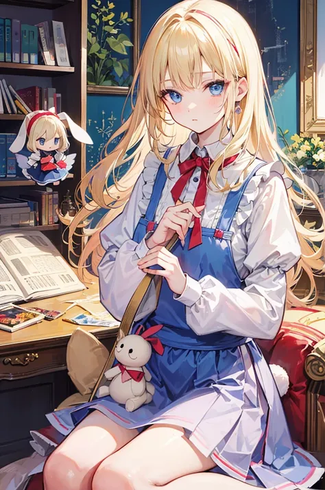 Alice漫游仙境，fairy tales，((Alice))，Light blond long hair，Blue Eyes，Well-behaved and cute，Toy Room，Rabbit Doll，