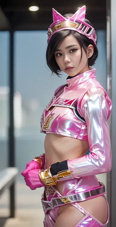 （8K、Raw photography、highest quality、masterpiece：1.2),(black haired、very short hair:1.8),(twin mitsu braid:1.4)、show viewer,Looking at the front,erotic,白いskin,(Wearing a shiny pink ranger costume:1.9)、()、(Clothing that emphasizes the shape of your chest、pub...