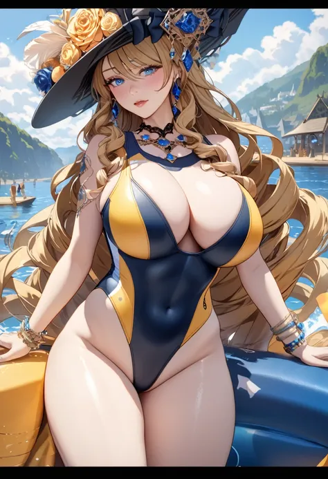 anime, ultra detailed, hyper detailed, best quality, highres, 4K , master piece, 1 female, 17-year-old,  Navia, competition swimsuit, gigantic, huge breast