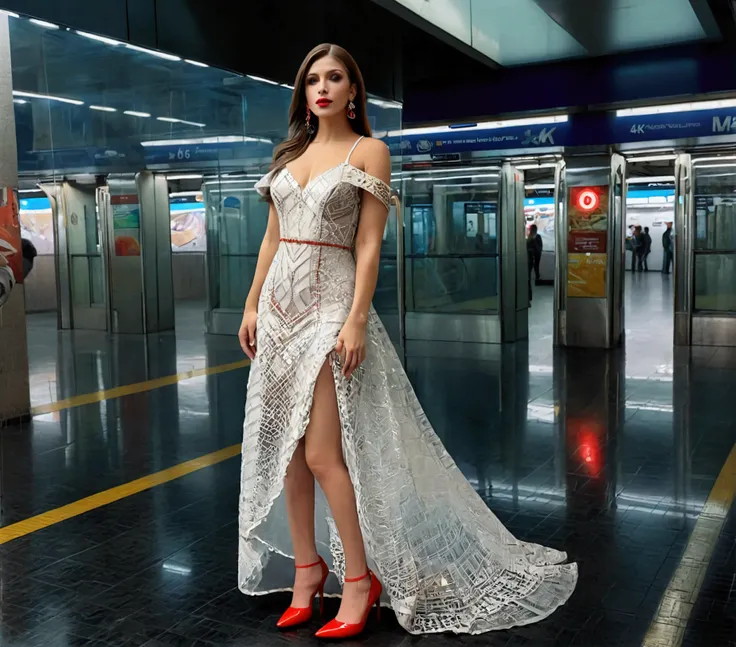 beautiful girl in a metro station in mexico city, long transparent dress, high red heels, extremely detailed face and eyes, elegant pose, cinematic lighting, photorealistic, 8k, (best quality,4k,8k,highres,masterpiece:1.2),ultra-detailed,(realistic,photore...