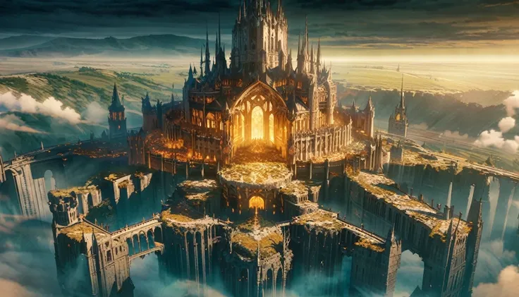 anime scenery, anime aestetics, gigantic castle, huge structure, medieval fantasy architecture, floating platforms, castle of fi...