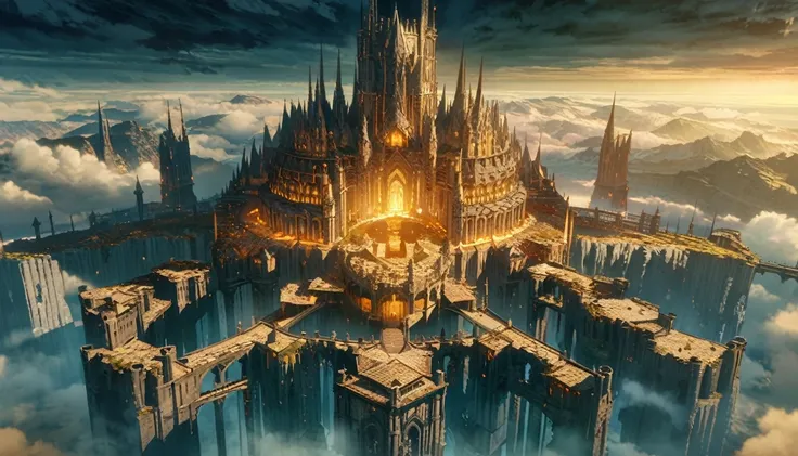 anime scenery, anime aestetics, gigantic castle, huge structure, medieval fantasy architecture, floating platforms, castle of fi...