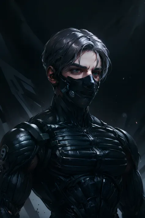 {best quality, 8k, masterpiece}, [grey hair], [middle part haircut], [male], (grey eyes), (tech mask)