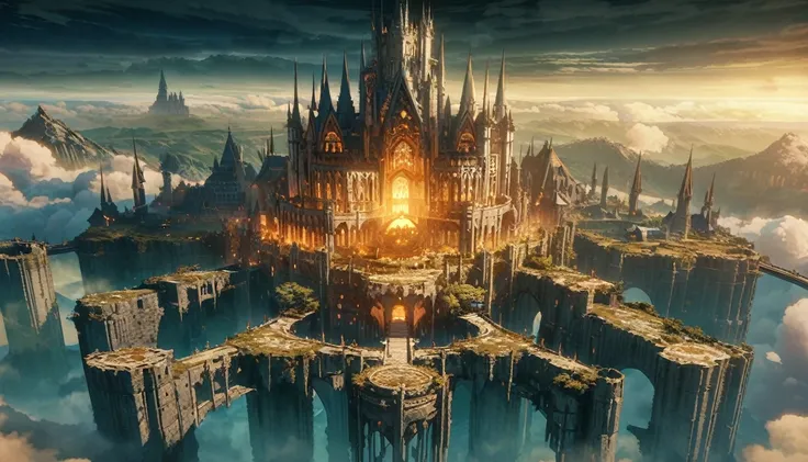 anime scenery, anime aestetics, gigantic castle, huge structure, medieval fantasy architecture, floating platforms, castle of fi...