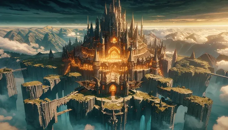 anime scenery, anime aestetics, gigantic castle, huge structure, medieval fantasy architecture, floating platforms, castle of fi...