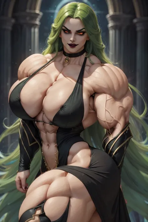 ((Close-up)), tall, (green hair) beautiful muscular latina vampire woman, long curvy hair, brown skinned, closed smile, large breast, (black lipstick), (massive muscles), (hyper muscle), ((ginormous bulky muscles)), orange eyes, ((black long sleeve maxi dr...