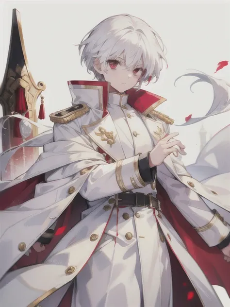 a young boy with red eyes, white  hair,long and big coat,a white blouse with elegant details,