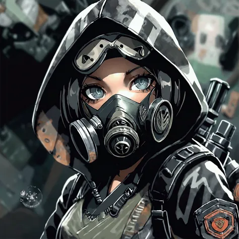 ((mejor calidad)), ((obra maestra)), (detallado), 1 chica, female, black hood, gas mask, black jacket, bulletproof vest and gree...