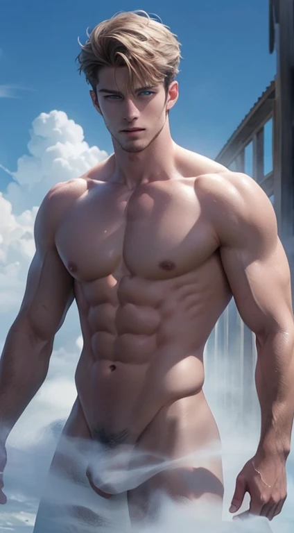 Quarter Body photorealistic Illustration a a very handsome and sexyness man, he is a wizard, he has deep blue eyes, very nice abs, he shirtless chest, nakedness nudeness shirtless celestial , magic swirls, white fog.