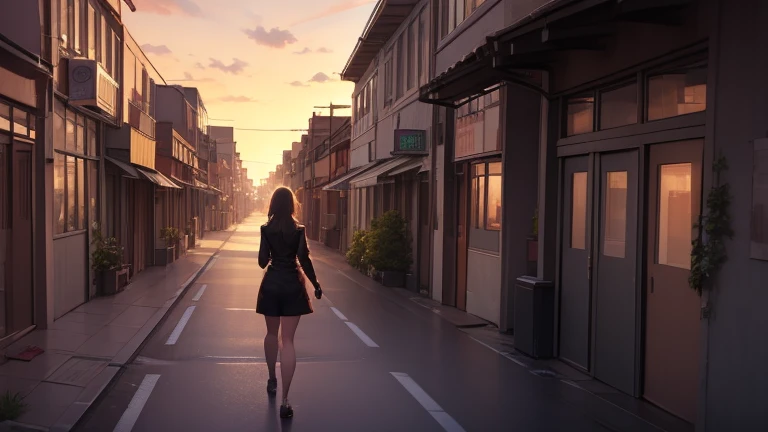 1 girl, Streetscape , Slope，From behind, Walk Away, sunset,, masterpiece, Highest quality, Highly detailed perfect body，1 female，