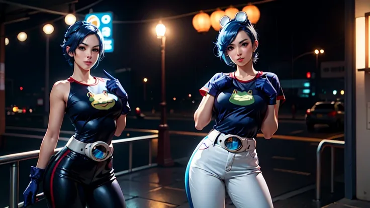 (at night), in a video game scene, a background of a beautiful city during the day raining, standing at attention, semi-short blue hair, blouse with an anime frog face, white flared pants, wearing blue fingerless exercise gloves, has round goggles on her h...