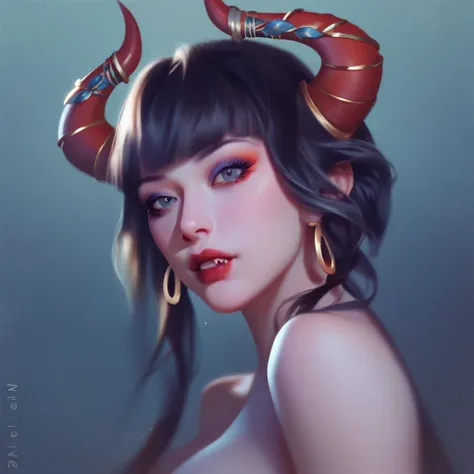 masterpiece, best quality, eliza, vampire, face portrait, beautiful, horns