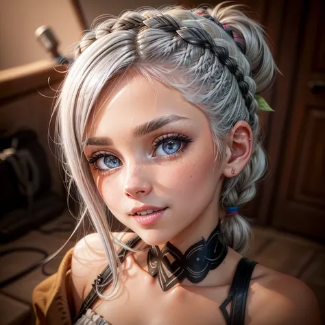 Three 17-year-old girls, one 28-year-old woman, Extremely Detailed Reflective Eyes, blonde hair, silver hair, brown hair, black hair, braid, bangs, blunt bangs, braided ponytail, hair over shoulder, long hair, ponytail, braided bun, hair one side up, low p...