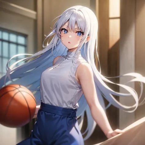 "alya,white hair, blue eyes, long hair,playing basketball "