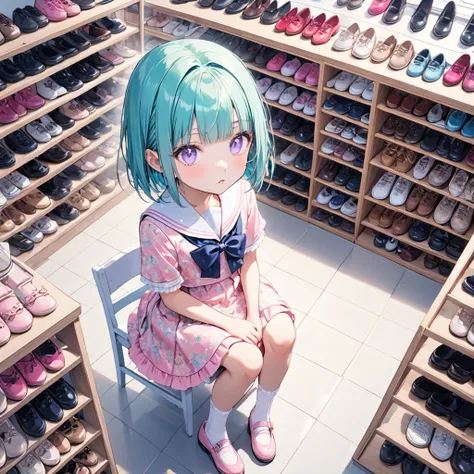 1 idol,solo,amazing quality, aesthetic,ultra-detailed face,detailed eyes,lash extension,13yo,aqua hair,short hair,straight hair,blunt bangs,Purple eyes,lash extension,tense,parted lips,(floral pattern dress,sailor collar lolita fashionin(pink:1.4),Short sl...