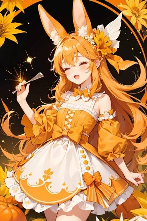 A light orange girl bunny with a shut eye and yawning mouth. She has darker orange cream or icing dots, scallops, and floral shapes and wears a goldenrod bow with orange tails.  SPARKLE; GLITTER