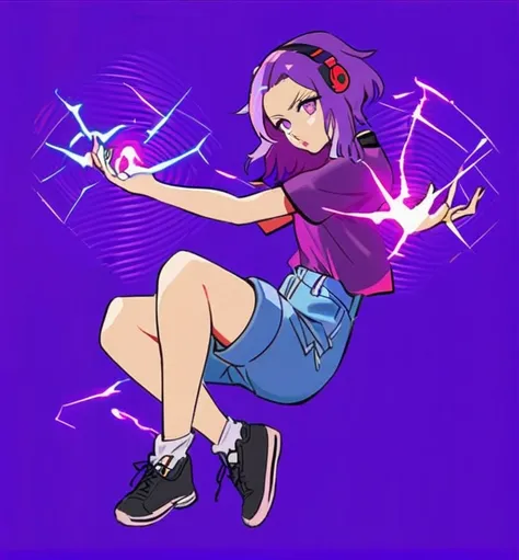 18-year-old woman with short, violet hair, violet eyes, pink lips, red headphones, purple t-shirt, jean shorts, white socks, black sneakers, Balls of electricity come out in both hands.