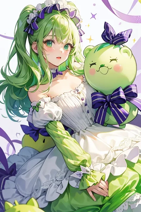 A green and chartreuse striped jelly girl bear Num with a basic expression. Dollops of white cream circle her bottom and she has a large pile on the top of her head with a violet bow. SPARKLE; GLITTER