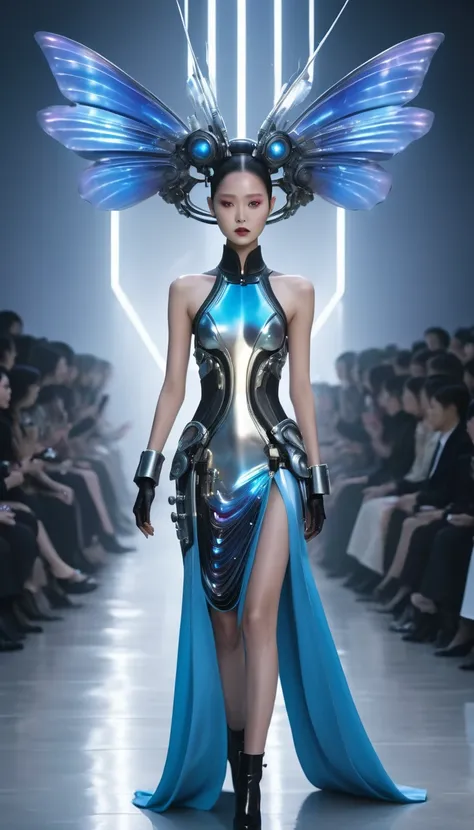 Alien Technology Fashion Runway , Vogue Photos , Inspired by Chinese fairy tales and cyberpunk。(Highest quality,4K,8k,High resolution,masterpiece:1.2), (Realistic,Realistic,Photorealistic:1.37).