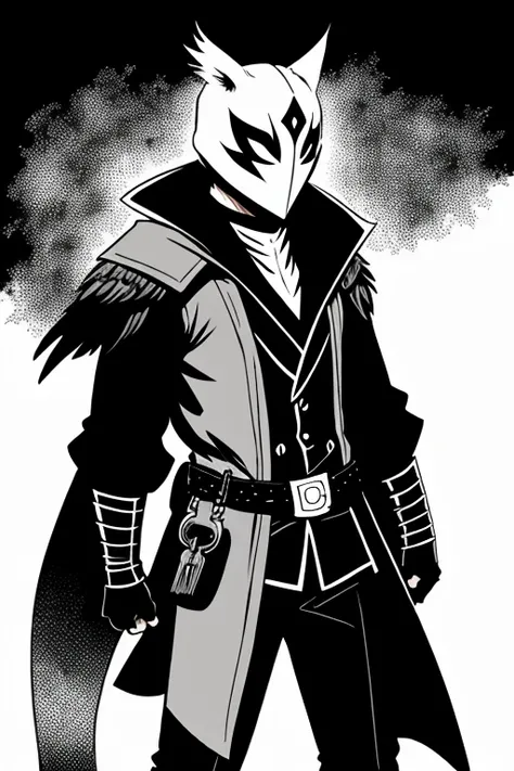 generates an image of the crowsworn character manga version without color and with his mask
