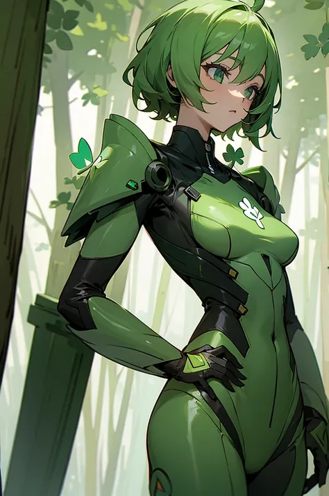 Female, Tall, Green Suit, Forest Background, Clover