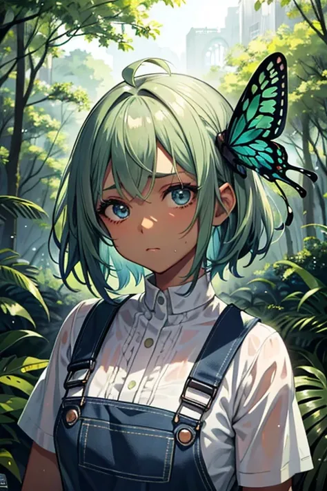 ((One Girl)), Green Hair、Short Bob、Bright Blue Eyes、Hair blowing in the wind、Big Ahoge、Big eyes、(butterfly hair accessories)、((Greasy brown skin))、17 years old、Blue Overalls、look back、Only the upper body is visible、Pleading Face、Being in a deep forest、My f...