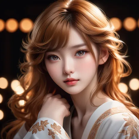 Meticulous, analog style, focus on the eyes, highest quality, (highly detailed skin), photo of very handsome pale skin Japane donghua girl, 21 years old, (caramel hair), perfect face, pore skin, (penetration:0.5), black background, (bokeh:0.6), sharp focus...