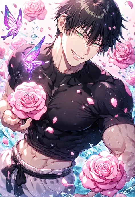 Ultra detailed, HDR, Highres, absurdres, master piece, Fushiguro Touji, black hair, expressive green eyes, toned chest, white baggy pants, black tight shirt, Jujutsu Kaisen, solo, pink glittering butterflies, pink ice, petals, pink ice glass roses, sexy ma...