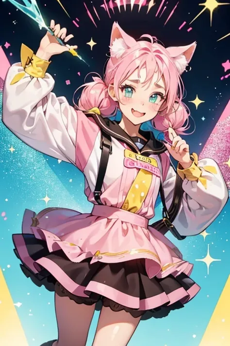 A girl pink, glittery Num with cat ears and a light blush. She has a small pigtail tied up with a yellow band. Her tongue is sticking out and she has a winking eye. She has hot pink, yellow and teal beans on her forehead.  SPARKLE; GLITTER