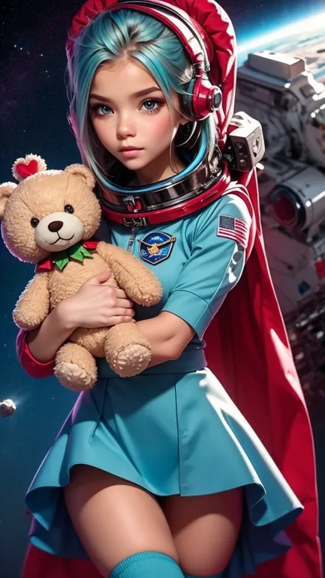 close-up photo of a young woman, cartoon girl in space suit with teddy bear, vertical anime skirt, astronaut girl image, molly a...